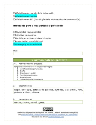 Planificador de proyectos tecnológicos por Zalathiel Cárdenas Bonilla se distribuye bajo
una Licencia Creative Commons Atribución-NoComercial-SinDerivar 4.0 Internacional.
Basada en una obra en zalathiel.blogspot.com.
Alfabetismo en manejo de la información
Alfabetismo en medios
Alfabetismo en TIC (Tecnología de la información y la comunicación)
Habilidades para la vida personal y profesional
Flexibilidad y adaptabilidad
Iniciativa y autonomía
Habilidades sociales e inter-culturales
Productividad y confiabilidad
Liderazgo y responsabilidad
Otra:
3. METODOLOGÍA DEL PROYECTO
3.1. Actividades del proyecto
Tengaen cuentalasfasesde un proyectotecnológico:
1. Identificaciónde oportunidades
2. Diseño
3. Organizacióny gestión
4. Planificaciónyejecución
5. Autoevaluación
6. Evaluaciónyperfeccionamiento
a. Instrumentos
b. Herramientas
Martillo, taladro, bisturí, tijeras.
Regla, laso lápiz, botellas de gaseosa, puntillas, laca, pincel, fomi,
pinturas acrílicas, silicona.
 