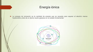 Energía iónica
 La energía de ionización es la cantidad de energía que se necesita para separar el electrón menos
fuertemente unido de un átomo neutro gaseoso en su estado fundamental.
 
