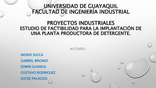 UNIVERSIDAD DE GUAYAQUIL
FACULTAD DE INGENIERÍA INDUSTRIAL
PROYECTOS INDUSTRIALES
ESTUDIO DE FACTIBILIDAD PARA LA IMPLANTACIÓN DE
UNA PLANTA PRODUCTORA DE DETERGENTE.
AUTORES:
INGRID SULCA
GABRIEL BRIONES
EDWIN GUANGA
GUSTAVO RODRIGUEZ
SUCRE PALACIOS
 