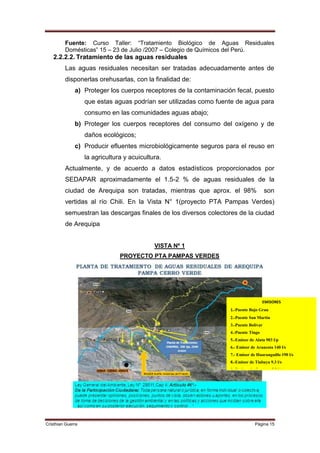 Fuente: Curso Taller: “Tratamiento Biológico de Aguas Residuales
         Domésticas” 15 – 23 de Julio /2007 – Colegio de Químicos del Perú.
   2.2.2.2. Tratamiento de las aguas residuales
         Las aguas residuales necesitan ser tratadas adecuadamente antes de
         disponerlas orehusarlas, con la finalidad de:
              a) Proteger los cuerpos receptores de la contaminación fecal, puesto
                   que estas aguas podrían ser utilizadas como fuente de agua para
                   consumo en las comunidades aguas abajo;
              b) Proteger los cuerpos receptores del consumo del oxígeno y de
                   daños ecológicos;
              c) Producir efluentes microbiológicamente seguros para el reuso en
                   la agricultura y acuicultura.
         Actualmente, y de acuerdo a datos estadísticos proporcionados por
         SEDAPAR aproximadamente el 1.5-2 % de aguas residuales de la
         ciudad de Arequipa son tratadas, mientras que aprox. el 98%                   son
         vertidas al río Chili. En la Vista N° 1(proyecto PTA Pampas Verdes)
         semuestran las descargas finales de los diversos colectores de la ciudad
         de Arequipa


                                             VISTA Nº 1
                                PROYECTO PTA PAMPAS VERDES




                                                                                     EMISORES
                                                                   1.-Puente Bajo Grau
                                                                   2.-Puente San Martin
                                                                   3.-Puente Bolívar
                                                                   4.-Puente Tingo
                                                                   5.-Emisor de Alata 903 l/p
                                                                   6.- Emisor de Arancota 140 l/s
                                                                   7.- Emisor de Huaranguillo 190 l/s
                                                                   8.-Emisor de Tiabaya 9.3 l/s
                                                                   9.-Emisor de Congata 5.2 l/s
                                                                   10.- Emisor de Sabandia 3.1 l/s




Cristhian Guerra                                                                Página 15
 