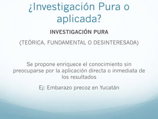 ¿Investigación Pura o
aplicada?
INVESTIGACIÓN PURA
(TEÓRICA, FUNDAMENTAL O DESINTERESADA)
Se propone enriquece el conocimiento sin
preocuparse por la aplicación directa o inmediata de
los resultados
Ej: Embarazo precoz en Yucatán
 