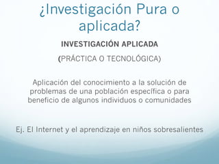 ¿Investigación Pura o
aplicada?
INVESTIGACIÓN APLICADA
(PRÁCTICA O TECNOLÓGICA)
Aplicación del conocimiento a la solución de
problemas de una población específica o para
beneficio de algunos individuos o comunidades
Ej. El Internet y el aprendizaje en niños sobresalientes
 