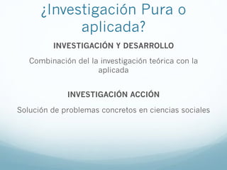 ¿Investigación Pura o
aplicada?
INVESTIGACIÓN Y DESARROLLO
Combinación del la investigación teórica con la
aplicada
INVESTIGACIÓN ACCIÓN
Solución de problemas concretos en ciencias sociales
 