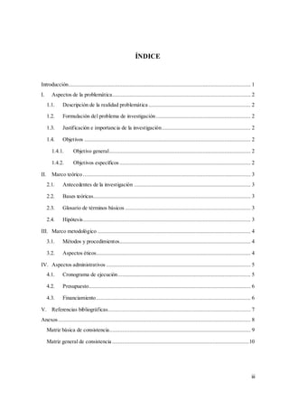 iii
ÍNDICE
Introducción............................................................................................................................. 1
I. Aspectos de la problemática............................................................................................... 2
1.1. Descripción de la realidad problemática ...................................................................... 2
1.2. Formulación del problema de investigación................................................................. 2
1.3. Justificación e importancia de la investigación............................................................. 2
1.4. Objetivos .................................................................................................................. 2
1.4.1. Objetivo general................................................................................................. 2
1.4.2. Objetivos específicos .......................................................................................... 2
II. Marco teórico ................................................................................................................... 3
2.1. Antecedentes de la investigación ................................................................................ 3
2.2. Bases teóricas............................................................................................................ 3
2.3. Glosario de términos básicos ...................................................................................... 3
2.4. Hipótesis................................................................................................................... 3
III. Marco metodológico ......................................................................................................... 4
3.1. Métodos y procedimientos.......................................................................................... 4
3.2. Aspectos éticos.......................................................................................................... 4
IV. Aspectos administrativos ................................................................................................... 5
4.1. Cronograma de ejecución........................................................................................... 5
4.2. Presupuesto............................................................................................................... 6
4.3. Financiamiento.......................................................................................................... 6
V. Referencias bibliográficas.................................................................................................. 7
Anexos.................................................................................................................................... 8
Matriz básica de consistencia................................................................................................. 9
Matriz general de consistencia ..............................................................................................10
 