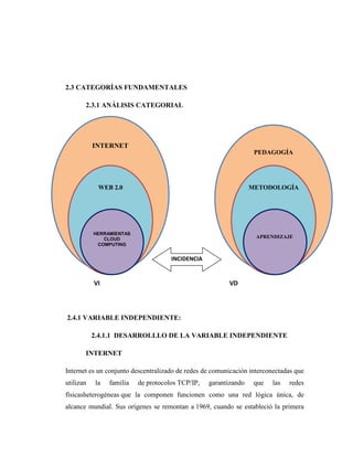 2.3 CATEGORÍAS FUNDAMENTALES

       2.3.1 ANÁLISIS CATEGORIAL




           INTERNET
                                                                  PEDAGOGÍA




            WEB 2.0                                              METODOLOGÍA




           HERRAMIENTAS
              CLOUD                                                APRENDIZAJE
            COMPUTING


                                     INCIDENCIA


           VI                                            VD




2.4.1 VARIABLE INDEPENDIENTE:

           2.4.1.1 DESARROLLLO DE LA VARIABLE INDEPENDIENTE

       INTERNET

Internet es un conjunto descentralizado de redes de comunicación interconectadas que
utilizan   la   familia   de protocolos TCP/IP,   garantizando    que   las   redes
físicasheterogéneas que la componen funcionen como una red lógica única, de
alcance mundial. Sus orígenes se remontan a 1969, cuando se estableció la primera
 