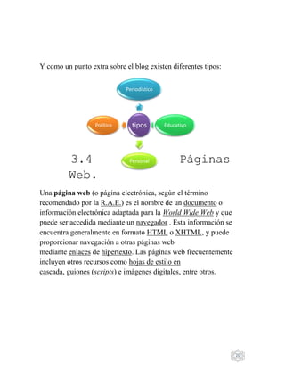 25
tipos
Periodístico
Educativo
Personal
Político
Y como un punto extra sobre el blog existen diferentes tipos:
3.4 Páginas
Web.
Una página web (o página electrónica, según el término
recomendado por la R.A.E.) es el nombre de un documento o
información electrónica adaptada para la World Wide Web y que
puede ser accedida mediante un navegador . Esta información se
encuentra generalmente en formato HTML o XHTML, y puede
proporcionar navegación a otras páginas web
mediante enlaces de hipertexto. Las páginas web frecuentemente
incluyen otros recursos como hojas de estilo en
cascada, guiones (scripts) e imágenes digitales, entre otros.
 