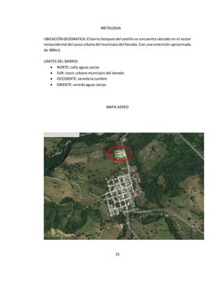 METOLOGIA 
UBICACIÓN GEOGRAFICA: El barrio bosques del castillo se encuentra ubicado en el sector 
noroccidental del casco urbano del municipio del Dorado. Con una extensión aproximada 
de 400m2. 
LIMITES DEL BARRIO: 
 NORTE: caño aguas zarcas 
 SUR: casco urbano municipio del dorado 
 OCCIDENTE: vereda la cumbre 
 ORIENTE: vereda aguas zarcas 
MAPA AEREO 
15 
 