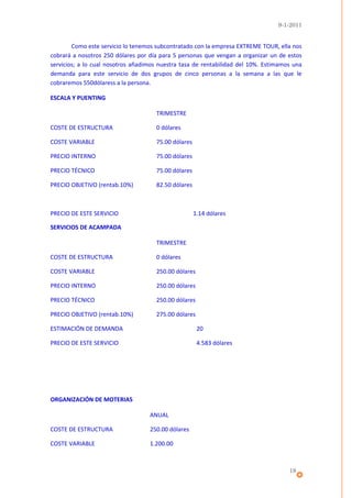 9-1-2011


        Como este servicio lo tenemos subcontratado con la empresa EXTREME TOUR, ella nos
cobrará a nosotros 250 dólares por día para 5 personas que vengan a organizar un de estos
servicios; a lo cual nosotros añadimos nuestra tasa de rentabilidad del 10%. Estimamos una
demanda para este servicio de dos grupos de cinco personas a la semana a las que le
cobraremos 550dólaress a la persona.

ESCALA Y PUENTING

                                     TRIMESTRE

COSTE DE ESTRUCTURA                  0 dólares

COSTE VARIABLE                       75.00 dólares

PRECIO INTERNO                       75.00 dólares

PRECIO TÉCNICO                       75.00 dólares

PRECIO OBJETIVO (rentab.10%)         82.50 dólares



PRECIO DE ESTE SERVICIO                              1.14 dólares

SERVICIOS DE ACAMPADA

                                     TRIMESTRE

COSTE DE ESTRUCTURA                  0 dólares

COSTE VARIABLE                       250.00 dólares

PRECIO INTERNO                       250.00 dólares

PRECIO TÉCNICO                       250.00 dólares

PRECIO OBJETIVO (rentab.10%)         275.00 dólares

ESTIMACIÓN DE DEMANDA                                 20

PRECIO DE ESTE SERVICIO                               4.583 dólares




ORGANIZACIÓN DE MOTERIAS

                                   ANUAL

COSTE DE ESTRUCTURA                250.00 dólares

COSTE VARIABLE                     1.200.00



                                                                                     18
 