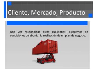 Cliente, Mercado, Producto

Una vez respondidas estas cuestiones, estaremos en
condiciones de abordar la realización de un plan de negocio.
 