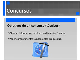 Concursos

Objetivos de un concurso (técnicos)

Obtener información técnicas de diferentes fuentes.

Poder comparar entre las diferentes propuestas.
 