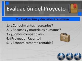 Evaluación del Proyecto
      2.- Evaluación y decisión Preliminar
1.- ¿Conocimientos necesarios?
2.- ¿Recursos y materiales humanos?
3.- ¿Somos competitivos?
4.-¡Proveedor Favorito!
5.- ¿Económicamente rentable?
 