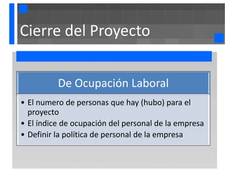 Cierre del Proyecto


          De Ocupación Laboral
• El numero de personas que hay (hubo) para el
  proyecto
• El índice de ocupación del personal de la empresa
• Definir la política de personal de la empresa
 
