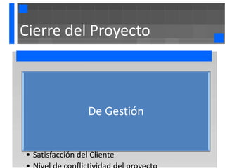 Cierre del Proyecto



                  De Gestión


• Satisfacción del Cliente
 