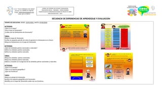 SECUENCIA DE EXPERIENCIAS DE APRENDIZAJE Y EVALUACION
TIEMPO DE EJECUCION: DESDE :13/01/2025_HASTA: 07/02/2025
ACTIVIDAD:
¿Qué es un mapa?
¿Para ti que es Venezuela?
¿Cuáles son las limitaciones de Venezuela?
TAREA:
Dibuja el mapa de Venezuela
Escribe un pequeño párrafo de cómo te gustaría tu Venezuela en tu futuro
Dibuja las limitaciones en el mapa de Venezuela
ACTIVIDAD:
¿Qué son símbolos patrios nacionales y naturales?
Define los símbolos patrios nacionales.
Define los símbolos patrios naturales.
TAREA:
Dibuja los símbolos patrios nacionales.
Dibuja los símbolos patrios naturales.
Elabora y resuelve un crucigrama de los símbolos patrios nacionales y naturales.
ACTIVIDAD:
¿Qué es un paisaje?
¿Qué es un espacio geográfico?
¿Qué son fronteras?
TAREA:
Dibuja un paisaje de Venezuela.
Nombra los espacios geográficos de Venezuela.
Identifica en el mapa de Venezuela cuáles son sus fronteras.
U.E.C "SAN ENRIQUE DE OSSO"
Inscrito en el MPPE P12500705
Email: sanenriquestj@gmail.com
Teléf. 0412-3338235
COORD. DE CONTROL DE ESTUDIO Y EVALUACION
EDUCACION INICIAL – PRIMARIA – MEDIA GENERAL
PLANIFICACION DE APRENDIZAJE BASADO EN PROYECTO (ABP)
AÑO ESCOLAR 2024 – 2025
 