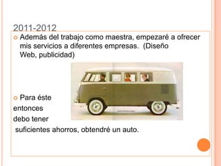 2011-2012Además del trabajo como maestra, empezaré a ofrecer mis servicios a diferentes empresas.  (Diseño Web, publicidad)Para éste entonces debo tener suficientes ahorros, obtendré un auto.