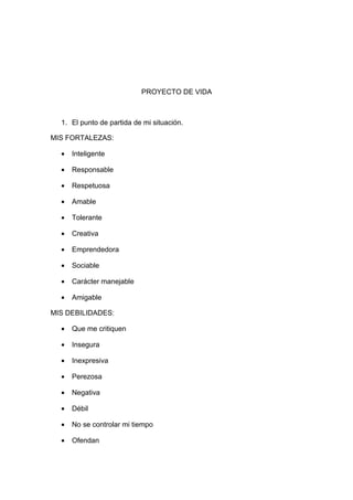 PROYECTO DE VIDA



  1. El punto de partida de mi situación.

MIS FORTALEZAS:

  •   Inteligente

  •   Responsable

  •   Respetuosa

  •   Amable

  •   Tolerante

  •   Creativa

  •   Emprendedora

  •   Sociable

  •   Carácter manejable

  •   Amigable

MIS DEBILIDADES:

  •   Que me critiquen

  •   Insegura

  •   Inexpresiva

  •   Perezosa

  •   Negativa

  •   Débil

  •   No se controlar mi tiempo

  •   Ofendan
 