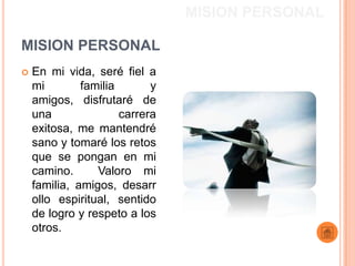 MISION PERSONAL

MISION PERSONAL
   En mi vida, seré fiel a
    mi        familia       y
    amigos, disfrutaré de
    una               carrera
    exitosa, me mantendré
    sano y tomaré los retos
    que se pongan en mi
    camino.      Valoro mi
    familia, amigos, desarr
    ollo espiritual, sentido
    de logro y respeto a los
    otros.
 