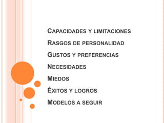 CAPACIDADES Y LIMITACIONES
RASGOS DE PERSONALIDAD
GUSTOS Y PREFERENCIAS
NECESIDADES
MIEDOS
ÉXITOS Y LOGROS
MODELOS A SEGUIR
 