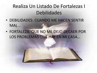 Realiza Un Listado De Fortalezas I DebilidadesDEBILIDADES: CUANDO ME HACEN SENTIR MAL ..FORTALEZA: QUE NO ME DEJO DECAER POR LOS PROBLEMAS QUE HAY EN MI CASA…