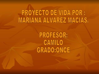 PROYECTO DE VIDA POR : MARIANA ALVAREZ MACIAS. PROFESOR: CAMILO GRADO:ONCE  