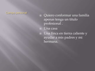 Campo personal
                    Quiero conformar una familia
                     apenas tenga un titulo
                     profesional .
                    Una casa
                    Una finca en tierra caliente y
                     ayudar a mis padres y mi
                     hermana.
 