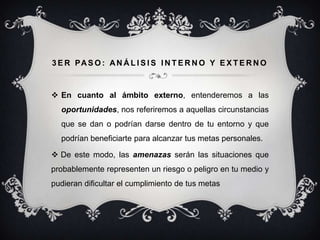 3 E R PA S O : A N Á L I S I S I N T E R N O Y E X T E R N O



 En cuanto al ámbito externo, entenderemos a las
  oportunidades, nos referiremos a aquellas circunstancias
  que se dan o podrían darse dentro de tu entorno y que
  podrían beneficiarte para alcanzar tus metas personales.

 De este modo, las amenazas serán las situaciones que
probablemente representen un riesgo o peligro en tu medio y
pudieran dificultar el cumplimiento de tus metas
 