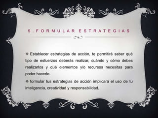 5 . F O R M U L A R           E S T R A T E G I A S




 Establecer estrategias de acción, te permitirá saber qué
tipo de esfuerzos deberás realizar, cuándo y cómo debes
realizarlos y qué elementos y/o recursos necesitas para
poder hacerlo.
 formular tus estrategias de acción implicará el uso de tu
inteligencia, creatividad y responsabilidad.
 