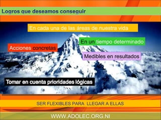 En un  tiempo determinado Acciones  concretas Medibles  en resultados SER FLEXIBLES PARA  LLEGAR A ELLAS En cada una de las áreas de nuestra vida WWW.ADOLEC.ORG.NI 
