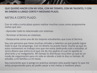 QUE QUIERO HACER CON MI VIDA, CON MI TIEMPO, CON MI TALENTO, Y CON
MI DINERO A LARGO CORTO Y MEDIANO PLAZO.

METAS A CORTO PLAZO:

Con mi vida a corto plazo quiero realizar muchas cosas como proponerme
metas que son:
- Aprender todo lo relacionado con sistemas.
- Terminar el técnico en sistemas.
- Destacarme como uno de los mejores estudiantes que tuvo el técnico.
Soy una persona que tiene muchas virtudes y talentos ya que puedo lograr
todo lo que me propongo. Con mi dinero no puedo hacer mucho ya que en
estos momentos no trabajo sino que me estoy dedicando solo a estudiar, el
único dinero que entra es el que me da mis padres el cual mi aporte es
ahorrarlo y no malgastarlo. Mi tiempo lo distribuyo muy bien ya que es un
modo de organización para mi vida en donde a todo le doy su tiempo. Al
estudio, a mi familia y a mi novia.
Soy consciente que si pongo en práctica siempre esto puedo lograr lo que me
estoy proponiendo para así poder pasar a mis metas a mediano plazo.
 