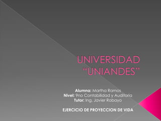Alumna: Martha Ramos
Nivel: 9no Contabilidad y Auditoria
      Tutor: Ing. Javier Robayo

EJERCICIO DE PROYECCION DE VIDA
 