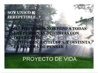 SOY UNICO E
IRREPETIBLE..?


  SIP POR Q DIOS NOS HIZO A TODAS
  LAS PERSONAS DISTINTAS CON
  DIFERENTES
  ACTITUDES, APTITUDES, Y DISTINTA
  LA MANERA DE PENSAR
 