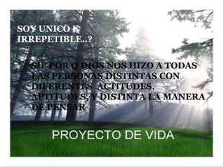 SOY UNICO E
IRREPETIBLE..?


  SIP POR Q DIOS NOS HIZO A TODAS
  LAS PERSONAS DISTINTAS CON
  DIFERENTES ACTITUDES,
  APTITUDES, Y DISTINTA LA MANERA
  DE PENSAR
 