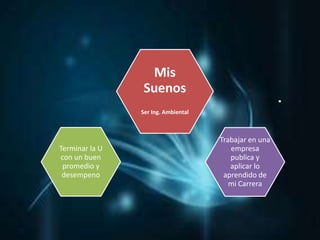 Mis
Suenos
Ser Ing. Ambiental
Terminar la U
con un buen
promedio y
desempeno
Trabajar en una
empresa
publica y
aplicar lo
aprendido de
mi Carrera
 