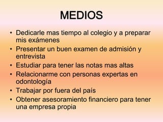 MEDIOS
• Dedicarle mas tiempo al colegio y a preparar
mis exámenes
• Presentar un buen examen de admisión y
entrevista
• Estudiar para tener las notas mas altas
• Relacionarme con personas expertas en
odontología
• Trabajar por fuera del país
• Obtener asesoramiento financiero para tener
una empresa propia
 