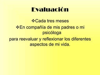 Evaluación
Cada tres meses
En compañía de mis padres o mi
psicóloga
para reevaluar y reflexionar los diferentes
aspectos de mi vida.
 