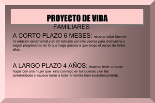 PROYECTO DE VIDA
FAMILIARES
A CORTO PLAZO 6 MESES: esperar estar bien en
mi relación sentimental y en mi relación con mis padres para motivarme y
seguir progresando en lo que haga gracias a que tengo el apoyo de todos
ellos .
A LARGO PLAZO 4 AÑOS: esperar tener un buen
hogar con una mujer que este conmigo en las buenas y en las
adversidades y esperar tener a toda mi familia bien económicamente .
 