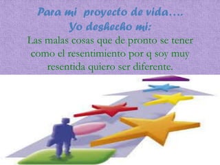 Para mi proyecto de vida….
Yo deshecho mi:
Las malas cosas que de pronto se tener
como el resentimiento por q soy muy
resentida quiero ser diferente.
 
