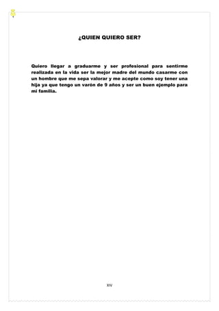XIV
¿QUIEN QUIERO SER?
Quiero llegar a graduarme y ser profesional para sentirme
realizada en la vida ser la mejor madre del mundo casarme con
un hombre que me sepa valorar y me acepte como soy tener una
hija ya que tengo un varón de 9 años y ser un buen ejemplo para
mi familia.
 