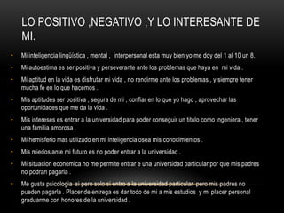 LO POSITIVO ,NEGATIVO ,Y LO INTERESANTE DE
MI.
•

Mi inteligencia lingüística , mental , interpersonal esta muy bien yo me doy del 1 al 10 un 8.

•

Mi autoestima es ser positiva y perseverante ante los problemas que haya en mi vida .

•

Mi aptitud en la vida es disfrutar mi vida , no rendirme ante los problemas , y siempre tener
mucha fe en lo que hacemos .

•

Mis aptitudes ser positiva , segura de mi , confiar en lo que yo hago , aprovechar las
oportunidades que me da la vida .

•

Mis intereses es entrar a la universidad para poder conseguir un titulo como ingeniera , tener
una familia amorosa .

•

Mi hemisferio mas utilizado en mi inteligencia osea mis conocimientos .

•

Mis miedos ante mi futuro es no poder entrar a la universidad .

•

Mi situacion economica no me permite entrar e una universidad particular por que mis padres
no podran pagarla .

•

Me gusta psicologia si pero solo si entro a la universidad particular pero mis padres no
pueden pagarla . Placer de entrega es dar todo de mi a mis estudios y mi placer personal
graduarme con honores de la universidad .

 