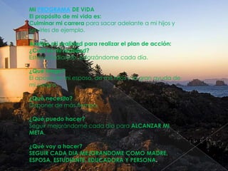 MI PROGRAMA DE VIDA
El propósito de mi vida es:
Culminar mi carrera para sacar adelante a mi hijos y
servirles de ejemplo.
Analizo mi realidad para realizar el plan de acción:
¿Cuál es mi realidad?
Estoy estudiando, esforzándome cada día.
¿Qué tengo?
El apoyo de mi esposo, de mis hijos y la gran ayuda de
mi suegra.
¿Qué necesito?
Disponer de más tiempo.
¿Qué puedo hacer?
Seguir mejorándome cada día para ALCANZAR MI
META.
¿Qué voy a hacer?
SEGUIR CADA DIA MEJORANDOME COMO MADRE,
ESPOSA, ESTUDIANTE, EDUCADORA Y PERSONA.

 