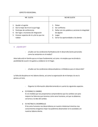 ASPECTO VOCACIONAL.
ME GUSTA

1.
2.
3.
4.
5.

Ayudar a la gente
Dar lo mejor de mí en lo que hago
Participar de conferencias
Dar lugar a reuniones de integración
Conocer aspectos de mi y de los que me
rodean

NO ME GUSTA

1. Pelear
2. Ser conflictiva
3. Dañar con mis palabras o acciones la integridad
de alguien
4. Juzgar
5. Cerrar las oportunidades a los demás

4. ¿QUIEN SOY?
-

¿Cuáles son las condiciones facilitadoras de mi desarrollo (tanto personales
como las existentes en el medio)?

Ante todo está mi familia que es mi base fundamental, así como mi empleo que me brinda la
posibilidad de asumir mis gastos y colaborar en mi hogar.

-

¿Cuáles son las condiciones obstaculizadoras o inhibidoras para mi desarrollo?

La falta de disciplina en mis labores diarias, así como la organización de mi tiempo a la vez la
pereza y el ocio.

-

Organice la información obtenida teniendo en cuenta los siguientes aspectos.

ES POSIBLE EL CAMBIO.
Si a la medida que nos proyectamos comprendemos que los cambios son para
mejorar las falencias que tenemos como seres humanos, así que no debemos
cerrarnos a la idea del cambio.
ES FACTIBLE EL DESARROLLO.
Si los seres humanos nos desarrollamos en nuestro intelectual mientras mas
conocimientos tengamos mejor nos podremos desenvolver en la sociedad y en
nuestras labores diarias.

 