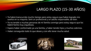 LARGO PLAZO (15-30 AÑOS) 
• Ya habrá transcurrido mucho tiempo pero estoy seguro que habre logrado mis 
sueños en su mayoría. Seré un profesional y un adulto responsable, de bien. 
• Ya no tendré a muchas personas de mi familia conmigo pero estoy seguro que los 
habré hecho muy orgullosos. 
• Espero haber conformado ya una familia, y haber tenido hijos y muchos sobrinos. 
• Haber conseguido todo lo que deseo y con ello tener mucha salud. 
