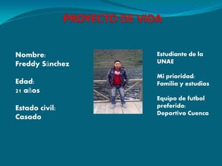 Nombre: Freddy Sánchez Edad: 21 años Estado civil: Casado 
Estudiante de la UNAE Mi prioridad: Familia y estudios Equipo de futbol preferido: Deportivo Cuenca  