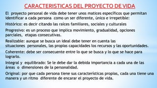 CARACTERISTICAS DEL PROYECTO DE VIDA 
El proyecto personal de vida debe tener unos matices específicos que permitan 
identificar a cada persona como un ser diferente, único e irrepetible: 
Histórico: es decir citando las raíces familiares, sociales y culturales 
Progresivo: es un proceso que implica movimiento, gradualidad, opciones 
parciales, etapas consecutivas. 
Realizable: aunque se busca un ideal debe tener en cuenta las 
situaciones personales, las propias capacidades los recursos y las oportunidades. 
Coherente: debe ser consecuente entre lo que se busca y lo que se hace para 
lograrlo. 
Integral y equilibrado: Se le debe dar la debida importancia a cada una de las 
áreas o dimensiones de la personalidad. 
Original: por que cada persona tiene sus características propias, cada una tiene una 
manera y un ritmo diferente de encarar el proyecto de vida. 
 
