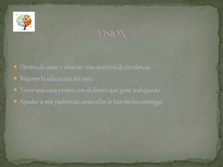  Dentro de unos 7 años ser una maestra de excelencia. 
 Mejorar la educación del país. 
 Tener una casa propia con el dinero que gane trabajando. 
 Ayudar a mis padres así como ellos lo han hecho conmigo. 
 