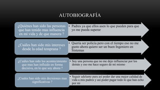 AUTOBIOGRAFÍA
• Padres ya que ellos asen lo que pueden para que
yo me pueda superar
¿Quiénes han sido las personas
que han tenido mas influencia
en mi vida y de que manera ?
• Quería ser policía pero con el tiempo eso no me
gusto ahora quiero ser un buen Ingeniero en
Sistemas
¿Cuáles han sido mis intereses
desde la edad temprana ?
• Soy una persona que no me dejo influenciar por los
demás y eso me hace seguro de mi mismo
¿Cuáles han sido los acontecimiento
que mas han influido en forma
decisiva, en lo que soy ahora ?
• Seguir adelante para así poder dar una mejor calidad de
vida a mis padres y así poder pagar todo lo que han echo
por mi
¿Cuales han sido mis decisiones mas
significativas ?
 
