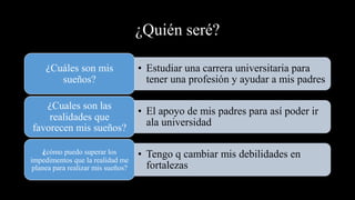 ¿Quién seré?
• Estudiar una carrera universitaria para
tener una profesión y ayudar a mis padres
¿Cuáles son mis
sueños?
• El apoyo de mis padres para así poder ir
ala universidad
¿Cuales son las
realidades que
favorecen mis sueños?
• Tengo q cambiar mis debilidades en
fortalezas
¿cómo puedo superar los
impedimentos que la realidad me
planea para realizar mis sueños?
 