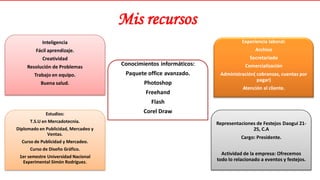 Inteligencia
Fácil aprendizaje.
Creatividad
Resolución de Problemas
Trabajo en equipo.
Buena salud.
Conocimientos informáticos:
Paquete office avanzado.
Photoshop
Freehand
Flash
Corel Draw
Experiencia laboral:
Archivo
Secretariado
Comercialización
Administración( cobranzas, cuentas por
pagar)
Atención al cliente.
Estudios:
T.S.U en Mercadotecnia.
Diplomado en Publicidad, Mercadeo y
Ventas.
Curso de Publicidad y Mercadeo.
Curso de Diseño Gráfico.
1er semestre Universidad Nacional
Experimental Simón Rodríguez.
Representaciones de Festejos Daogui 21-
25, C.A
Cargo: Presidente.
Actividad de la empresa: Ofrecemos
todo lo relacionado a eventos y festejos.
Mis recursos
 