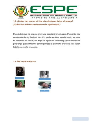 1.8. ¿Cuáles han sido en mi vida mis principales éxitos y fracasos?
¿Cuáles han sido mis decisiones más significativas?
Pues todo lo que me propuse en mi vida estudiantil lo he logrado. Pues entre mis
desciones más significativas han sido que he venido a estudiar aquí y es pues
es un cambio tan radical y los tengo tan lejos a mis familiares y los extraño mucho
pero tengo que sacrificarme para lograr todo lo que me he propuesto para lograr
todo lo que me he propuesto.
1.9. ÁRBOL GENEALOGICALO
Mamá
Papá
Hermano
YO
 
