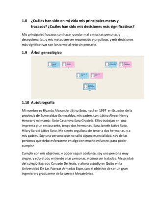 1.8 ¿Cuáles han sido en mi vida mis principales metas y
fracasos? ¿Cuáles han sido mis decisiones más significativas?
Mis principales fracasos son hacer quedar mal a muchas personas y
decepcionarlas, y mis metas son ser reconocido y orgulloso, y mis decisiones
más significativas son lanzarme al reto sin pensarlo.
1.9 Árbol genealógico
1.10 Autobiografía
Mi nombre es Ricardo Alexander Játiva Soto, nací en 1997 en Ecuador de la
provincia de Esmeraldas-Esmeraldas, mis padres son: Játiva Alvear Henry
Herwar y mi mamá : Soto Casanova Sara Graciela. Ellos trabajan en una
imprenta y un restaurante, tengo dos hermanas, Sara Janeth Játiva Soto,
Hilary Saraid Játiva Soto. Me siento orgulloso de tener a dos hermanas, y a
mis padres. Soy una persona que no salió alguna especialidad, soy de las
personas que debo esforzarme en algo con mucho esfuerzo, para poder
cumplor
Cumplir con mis objetivos, y poder seguir adelante, soy una persona muy
alegre, y sobretodo entiendo a las personas, y cómo ser tratadas. Me gradué
del colegio Sagrado Corazón De Jesús, y ahora estudio en Quito en la
Universidad De Las Fuerzas Armadas Espe, con el objetivo de ser un gran
ingeniero y graduarme de la carrera Mecatrónica.
 